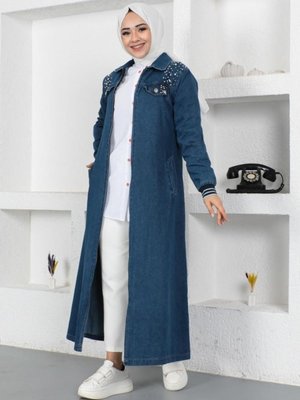 İnci Detaylı Uzun Kot Kap Lacivert