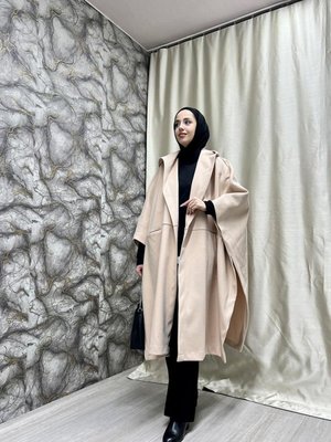 Kadın Kaşe Uzun Panço Krem