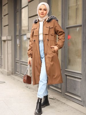 Ön Cep Kesik Detay Kürklü Mont Vizon