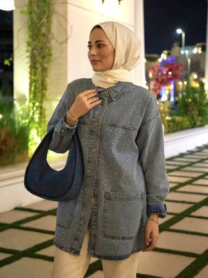 Taş Detaylı Kot Gömlek Ceket Mavi