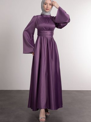 İspanyol Kol Beli Dolamalı Saten Abiye Elbise