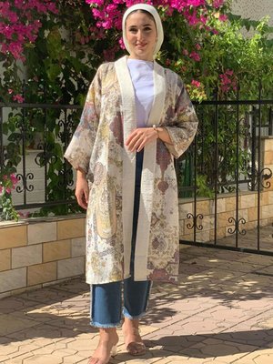Yağ Yeşili Otantik Desenli Keten Kimono