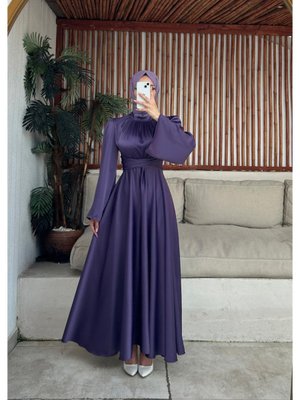 Saten Kolları Volanlı Uzun Tesettur Abiye Elbise