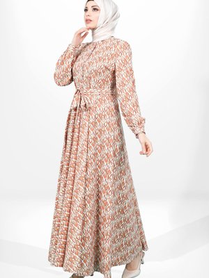 Kiremit Kloş Desenli Elbise