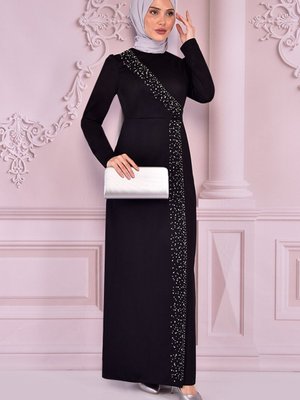 Taş Işlemeli Uzun Elbise Siyah