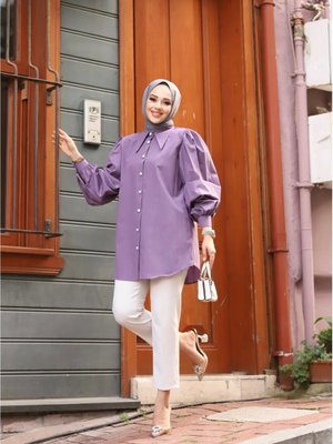 Giyim Sivri Yaka Balon Kol Poplin Teri Cotton Kumaş Taşlı Düğmeli Gömlek Mor