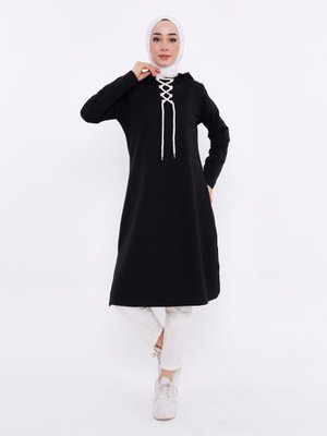 Kapüşonlu Uzun Sweatshirt Siyah