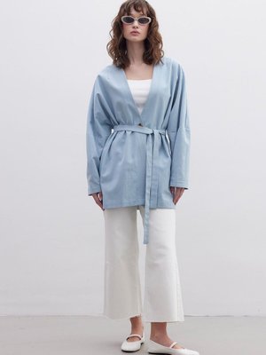Kuşaklı Pamuklu Ceket Mavi Kuşaklı Pamuklu Ceket Mavi