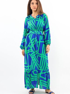 Prive Turn Yeşil Mavi Kemerli Viskon Yazlık Elbise