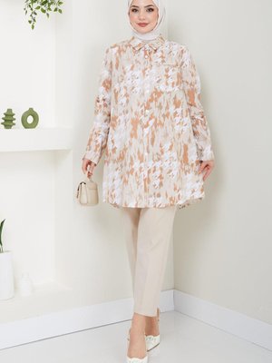 Kazayağı Desenli Cepli Büyük Beden Tunik Bej