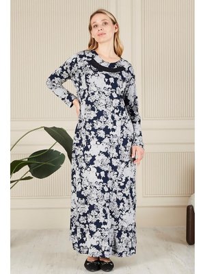 Lacivert Buyuk Beden Yakası Taşlı Menekşe Elbise