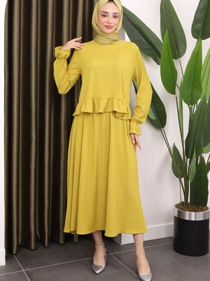 Yağ Yeşili Kol Detaylı Bluz Etek Takım