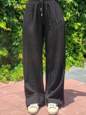 Siyah Bol Paça Krep Pantolon