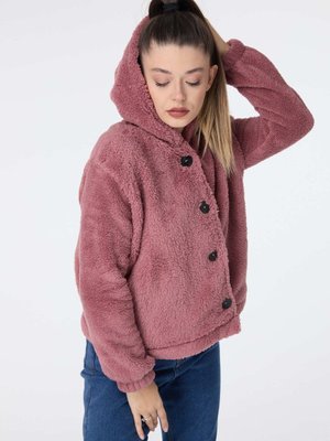 Düz Kapüşonlu Yaka Pembe Ceket