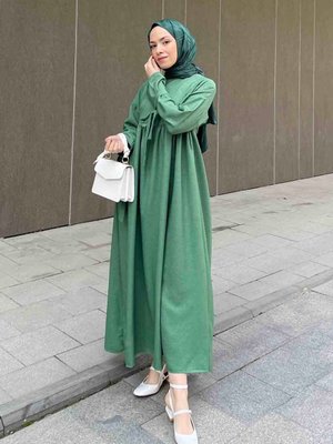 Düşük Kol Bağlamalı Keten Elbise Düşük Kol Bağlamalı Keten Elbise