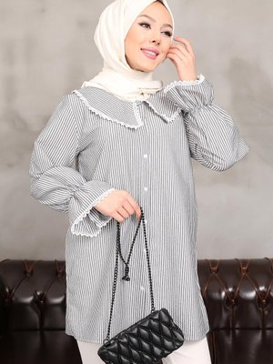 Antrasit Yaka Kol Detaylı Çizgili Gömlek