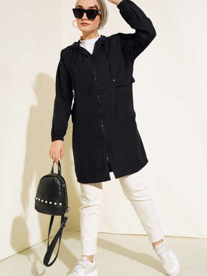 Kapüşonlu Keten Kap Sıyah Kapüşonlu Keten Kap Sıyah