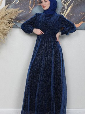 Dila İşlemeli Abiye Elbise Gece Mavi