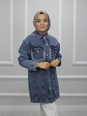Taşlı Koyu Mavi Kot Ceket