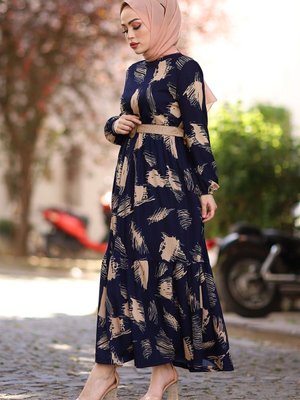 Fırça Desen Kemerli Elbise Lacivert Fırça Desen Kemerli Elbise Lacivert