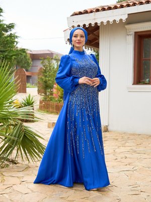 Önü Düz Çizgi Taşlı Elbise Saks Mavi Önü Düz Çizgi Taşlı Elbise Saks Mavi