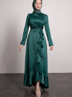 Kemeri Taşlı Önden Piliseli Tesettür Abiye Elbise