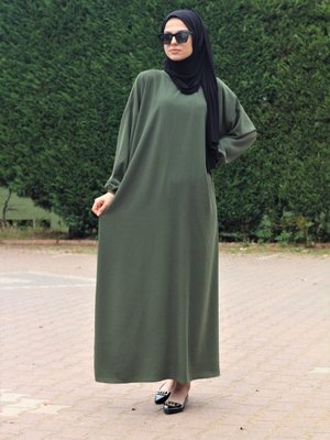 Ayrobin Kumaş Salaş Haki Renk Ferace Elbise