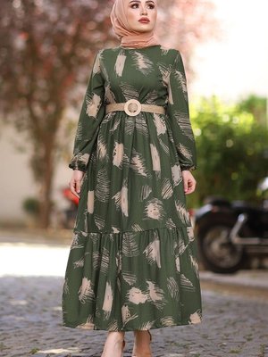 Fırça Desen Kemerli Elbise Haki