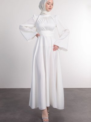 İspanyol Kol Beli Dolamalı Saten Abiye Elbise