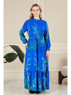 Mavi Kadin Hakim Yaka Buyuk Beden Tesettur Viskon Kumas Pileli Ve Piliseli Elbise