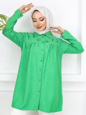 Yeşil İncili Taş Zımbalı Büzgülü Keten Gömlek Tunik