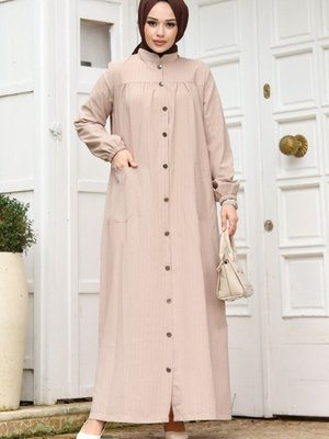 Robalı Boydan Düğmeli Cepli Ferace Bej