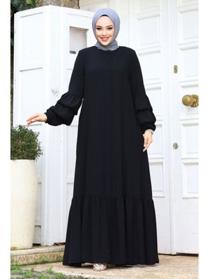 Siyah Çift Balon Kol Detaylı Eteği Volanlı Ferace Siyah Çift Balon Kol Detaylı Eteği Volanlı Ferace