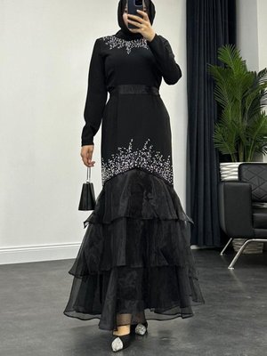 Taşlı Eteği Tül Detaylı Abiye Elbise Siyah Taşlı Eteği Tül Detaylı Abiye Elbise Siyah