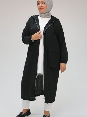 Siyah Büyük Bedeni Keten Airobin Kapüşonlu Kap