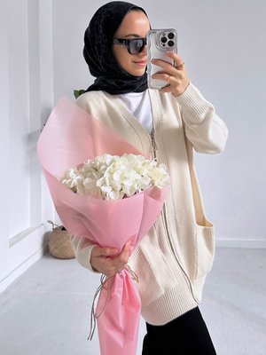 Cepli Fermuarlı Triko Hırka Bej