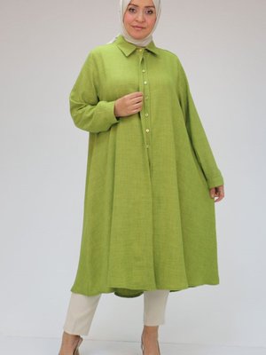 Yağ Yeşili Büyük Beden Keten Airobin Mevlana Gömlek Tunik