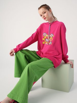 Fuşya Bisiklet Yaka Bloom With Grace Baskılı Sweatshirt