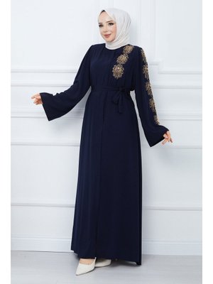 Lacivert Kolu Boncuk İşlemeli Kuşaklı Ferace Lacivert Kolu Boncuk İşlemeli Kuşaklı Ferace