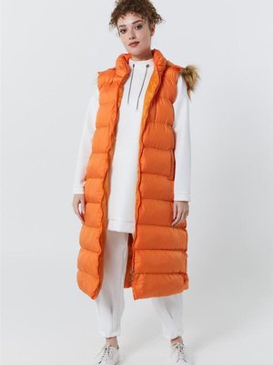 Kürklü Kapüşonlu Şişme Turuncu Yelek