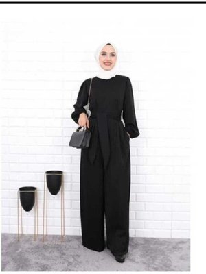 Siyah Geniş Kuşak Dolamalı Tulum