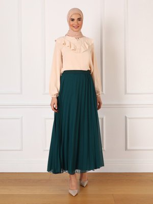 Zümrüt Yeşili Beli Lastikli Piliseli Şifon Etek