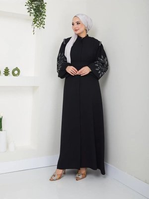 Numara Moda Giyim Omuzlar Ve Kollar Taşlı Ferace Elbise