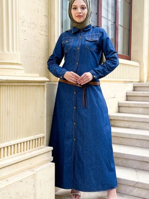 Deri Kemerli Kot Elbise Koyu Mavi