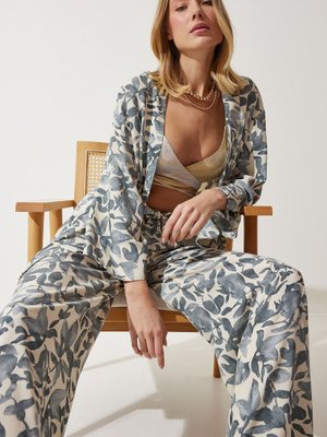 Kemik Gri Desenli Kimono Palazzo Pantolon Takım