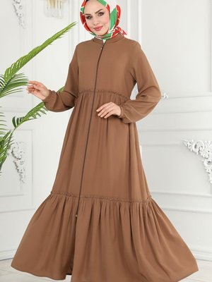 Açık Kahve Eteği Fırfırlı Medine İpeği Ferace Açık Kahve Eteği Fırfırlı Medine İpeği Ferace