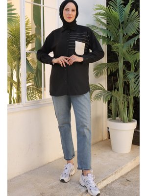 Siyah Nakış Detaylı Cepli Gömlek