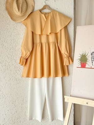 Sarı Soft Geniş Yakalı Marul Kol Tunik & Beyaz Krep Boru Paça Pantolon Takım