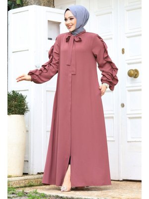 Gül Kurusu Kolu Fırfırlı Yakası Bağlama Detaylı Ferace Gül Kurusu Kolu Fırfırlı Yakası Bağlama Detaylı Ferace