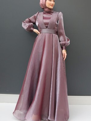 V Pileli Abiye Elbise Soft Lila